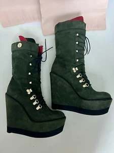 Cesare Paciotti 8 38 Green Suede Mid Calf Laced Up Platform Wedge Fashion Boots - Picture 1 of 19