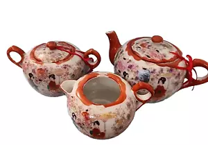Set da tè vintage giapponese Kutani dipinta a mano pentola, zucchero e crema - Foto 1 di 12