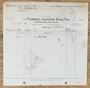 1918 Letterhead Chicago Illinois Norris Allister Ball Wholesale Jewelers - Picture 1 of 1