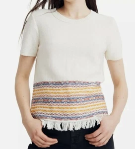 Madewell NWT S Fringe Jacquard Short Sleeve Sweater Pearl Ivory Striped Knit - Picture 1 of 4