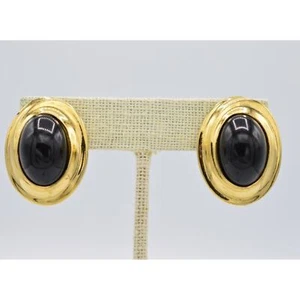 Orecchini Givenchy Cabochon Clip On Oro Nero Grossi Ovali Firmati Anni 80 BinQ - Foto 1 di 12