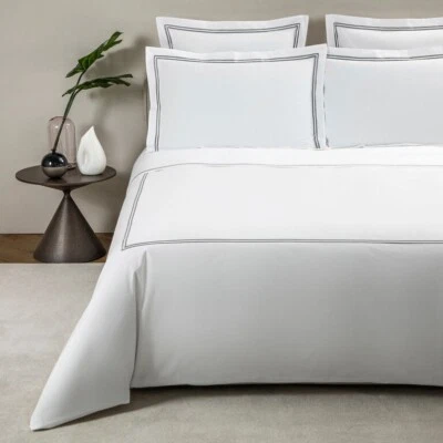 FRETTE HOTEL CLASSIC DOUBLE BOURDON GREY EMBROIDERY QUEEN DUVET COVER 2 SHAM SET - Image 1 of 4