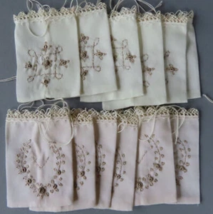 12 Vintage Linen Mini Drawstring SACHET Bags Hand Embroidery w LACE Trim UNUSED - Picture 1 of 6