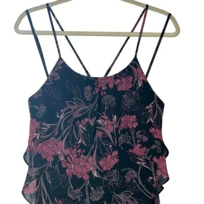 BCBGeneration Black & Purple Floral Dress, Criss-Cross Back, Size L - Image 1 of 4