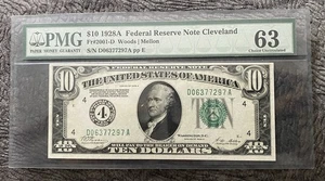 1928 A $10 Cleveland Federal Reserve Note Fr#2001-D PMG 63 - Picture 1 of 2