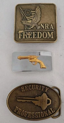 Lot of 3 vintage brass belt buckles NRA Freedom Cowboy Six Shooter Security  - Image 1 of 4