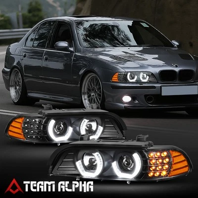 Fits 1996-2003 BMW E39 5-Series{DUAL 3D LED HALO}Black Projector Headlight Lamp - Image 1 of 4