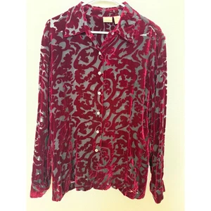 Merona Velvet Burnout Sheer Floral Button Up Blouse Top Burgundy Maroon Medium - Picture 1 of 5