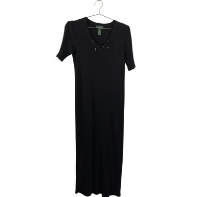 Vestido Lauren Ralph Lauren Mujer Mediano Negro Acanalado Tejido Con Cordones Maxi Hecho en EE. UU. Foto 1 de 4