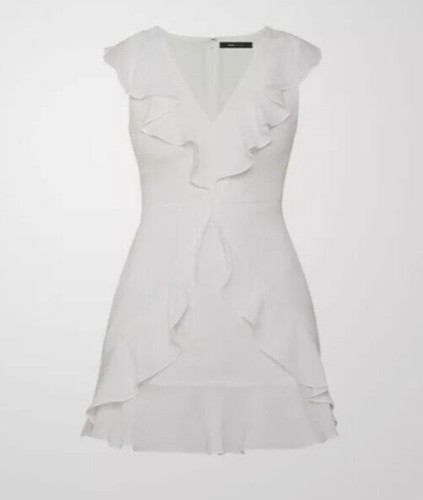 OFF WHITE Abito sexy BCBGMaxAzria Tyrah bianco sporco con volant mini party cocktail taglia 10