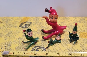 Vtg. Christmas Red Rubber Elf Ornament + 3 Miniature Hard Plastic Elves. - Picture 1 of 24