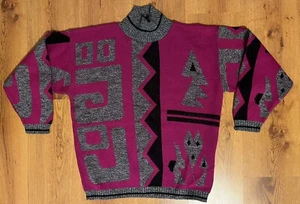 Vintage Geometric Sweater Bingo Sports 80’s Pullover Fuchsia Women’s - Picture 1 of 19