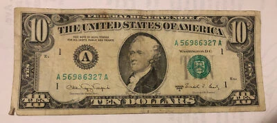 1988 A Series $10 FRN. A1 District, S# A 56986327 A - Image 1 of 3