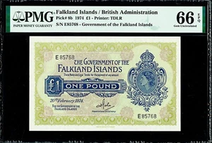 Falkland Islands QEII One Pound 1974 Pick-8b GEM UNC PMG 66 EPQ - Picture 1 of 2