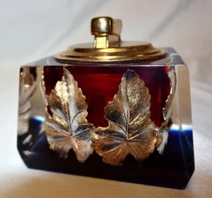 Vtg Colibri Monogas Red Blue Clear Lucite Table Lighter Inner Gold Silver Leaves - Picture 1 of 17