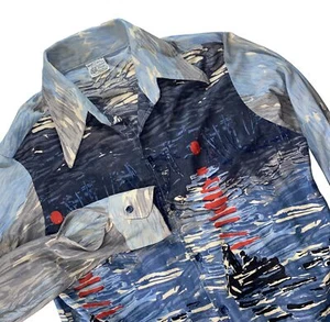 VTG Disco Shirt Dagger Collar Sheer Slim Fit Med Boat Shell Japan Antron Nylon - Picture 1 of 18