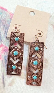 Copper Southwestern Style Turquoise Color Tribal Aztec Pattern Earrings NWOT - Picture 1 of 5