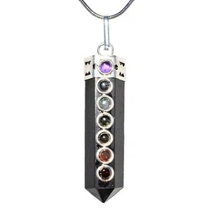 7 Chakra Himalayan Black Tourmaline Point Pendant + 20" Stainless Steel Chain - Picture 1 of 9