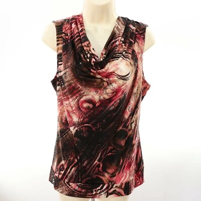 Alfani Womens Cowl Neck Tank Top M Medium Embellished Blouse Black Red Tan Swirl - Image 1 of 4