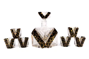 Art Deco Liquor Decanter Czech Glass Karl Palda Set Black Gold Sotheby's c1935 - Picture 1 of 11