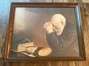 Vintage Print Grace Eric Enstrom Art Old Man Praying Large Wood Frame 21”x17.5” - Picture 1 of 18