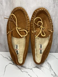 Minnetonka Men's Pile Lined Soft Soled Moccasin Brown Leather Slipper Size 11 - Picture 1 of 6
