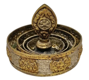 Vintage Tibetisch Buddhist Mandala Reis Opfer Altar Ring Set Kupfer Silber Gold - Bild 1 von 19
