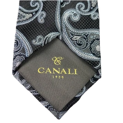 Галстук CANALI пейсли 100% шелк черный синий серебристый цветочный 3,5 дюйма/59 дюймов - Изображение 1 из 4