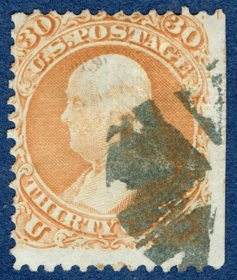 [st7281] EE. UU. 1868 Sc#100 usado 30¢ naranja con borde recto natural F-GRILL cv: $950 Foto 1 de 2