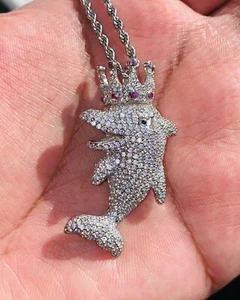 Cartoon Dolphin Crown Bling Men Women Silver iced Pendant Icy Charm Rope Chain - Picture 1 of 6