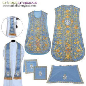 MARIAN BLUE Spanish Fiddleback Vestment, mass set with Vintage Embroidery DESIGN - Picture 1 of 1