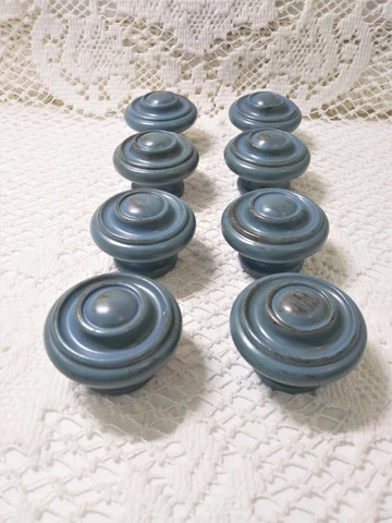8 Wooden Drawer Knobs Wood Furniture Light Blue Color Distress 1.75" Diameter Cover