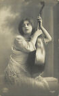 RPPC Beautiful Dark Young Woman Dramatically Holds Lute, Germany Posted 1912