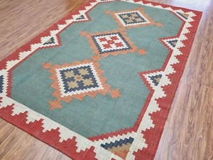 Handmade Wool Jute Rug Green Kilim Rug Living Room Bedroom Dining Room Rug - Picture 1 of 5