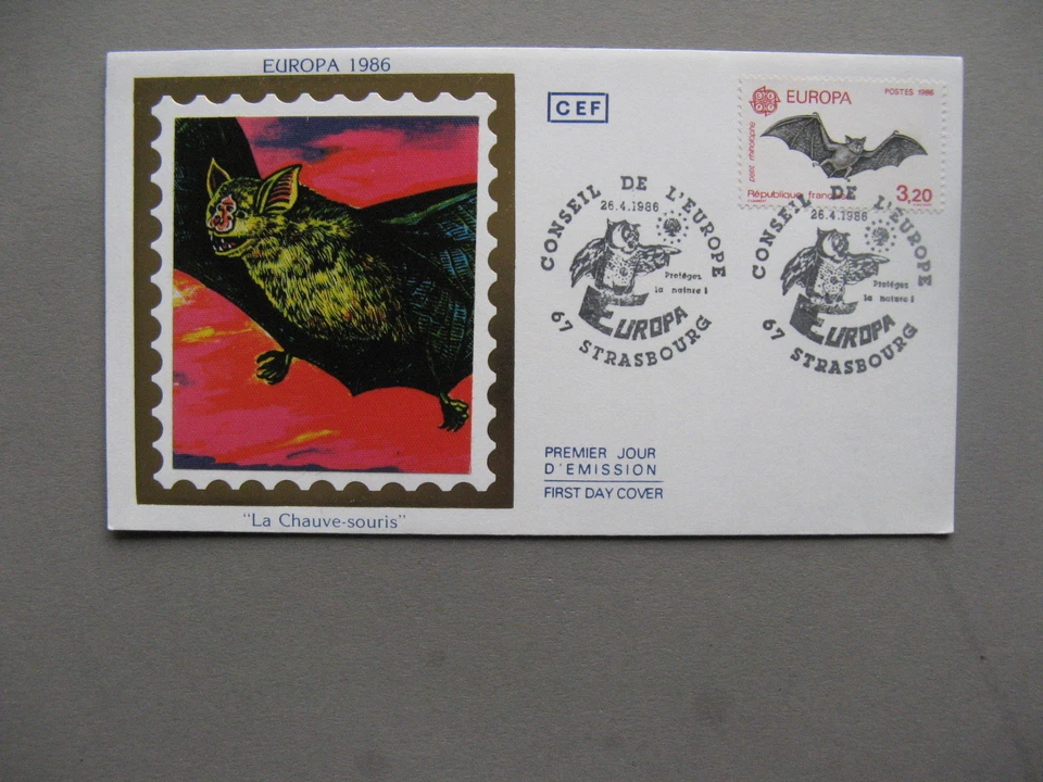 FRANCE cover FDC 1986, Europe CEPT, bat, canc owl - Image 1 of 1