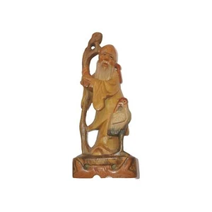 Vintage chinesische asiatische geschnitzte Holz alte Mann Holzfigur mit Vogel 6 cm groß - Bild 1 von 7