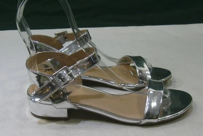 NUEVO PLATEADO 1.5" Tacón Alto Bloque Puntera Abierta Correa Trasera Zapatos MUJERES Talla 7 Foto 1 de 4