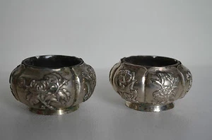 Pair Antique Chinese Export Silver Salt Cellars Great Gift - Picture 1 of 12