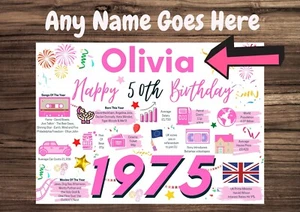 PERSONALISED 50th BIRTHDAY CARD HER FEMALE 1975 FOR MUM WIFE SISTER GRANDMA ETC - Picture 1 of 9