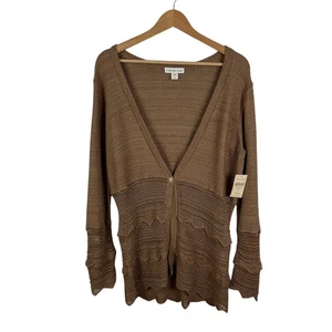 NWT Coldwater Creek Pointelle Knit Cardigan Sz Large Brown Tiered Boho Festival - Picture 1 of 12