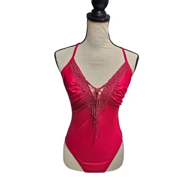 NewPort News Womens Crochet One Piece Swimsuit Size 10 Red Tie Front Swimsuit - Image 1 of 4