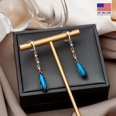 Fashion Women 925 Silver Earrings Retro Crystal Simulated Sapphire Tassel 1719 - Image 1 of 3