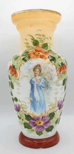 Antique Victorian Bristol Glass ~12" Vase Hand Painted Flowers & Printed Lady - Picture 1 of 18