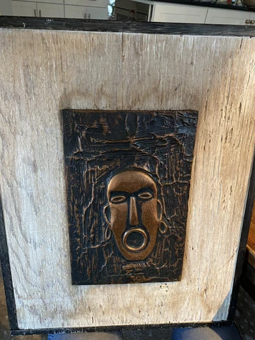 Vintage 60’s artist J.M. Original “African Mask” copper art PLAQUE outsider folk Cover