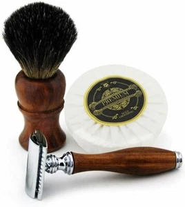 Wooden Shaving Kit Double Edge Safety Razor with Pure Black Badger Hair Brush - Bild 1 von 1