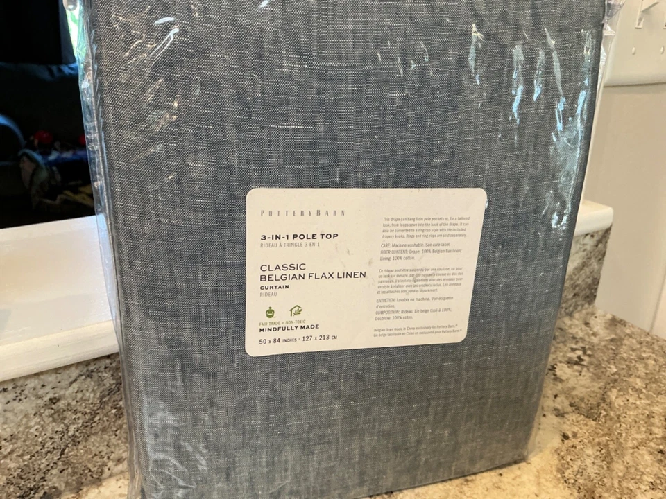 1)Pottery Barn Belgian Flax Linen Curtain Panel 50 x 84 Blue Chambray NWT - Image 1 of 2