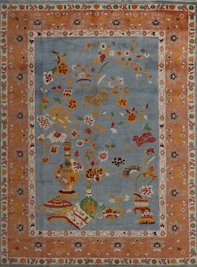 Tappeto indiano floreale fatto a mano blu art deco 8x10 annodato a mano per soggiorno - Foto 1 di 17