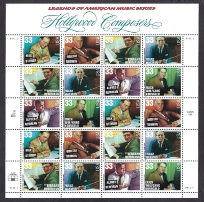US Scott# 3344a 1999 33c Pane of 20 Hollywood Composers P11111 LM MNH VF - Image 1 of 2