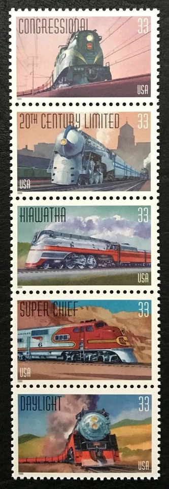 1999 Famous Railroad Trains - Strip of 5 33c Stamps - MNH, OG - Sc# 3333-3337 - Image 1 of 1