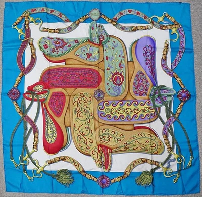 Auténtica bufanda HERMES "Festival" azul 100% seda #61511 - Imagen 1 de 4